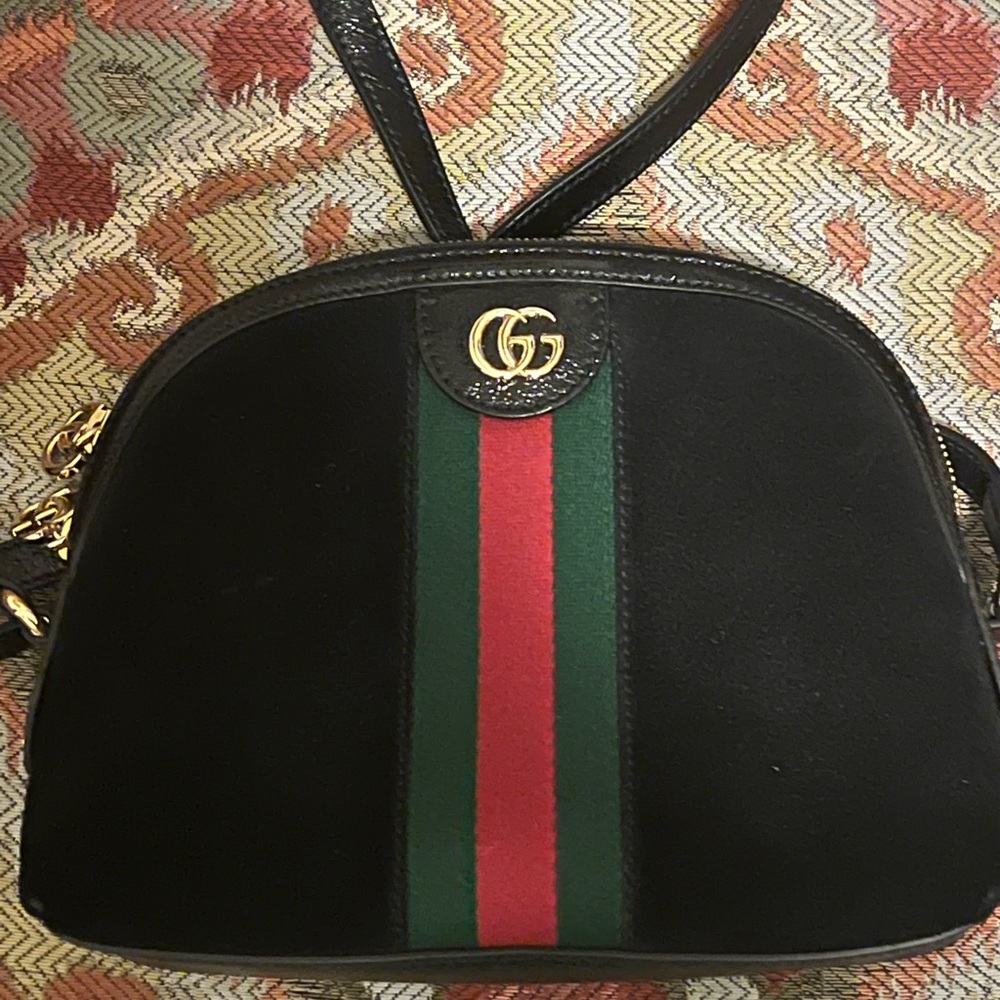 GUCCI Ophidia Black Suede Patent Leather Small Bag